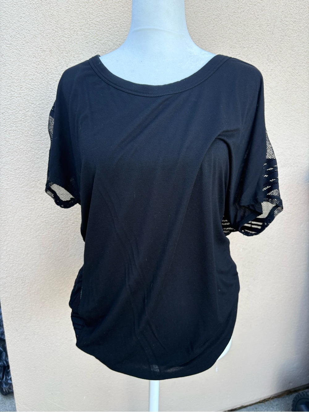 Women’s Black Short Sleeve Tee with Mesh Inset Sleeves
